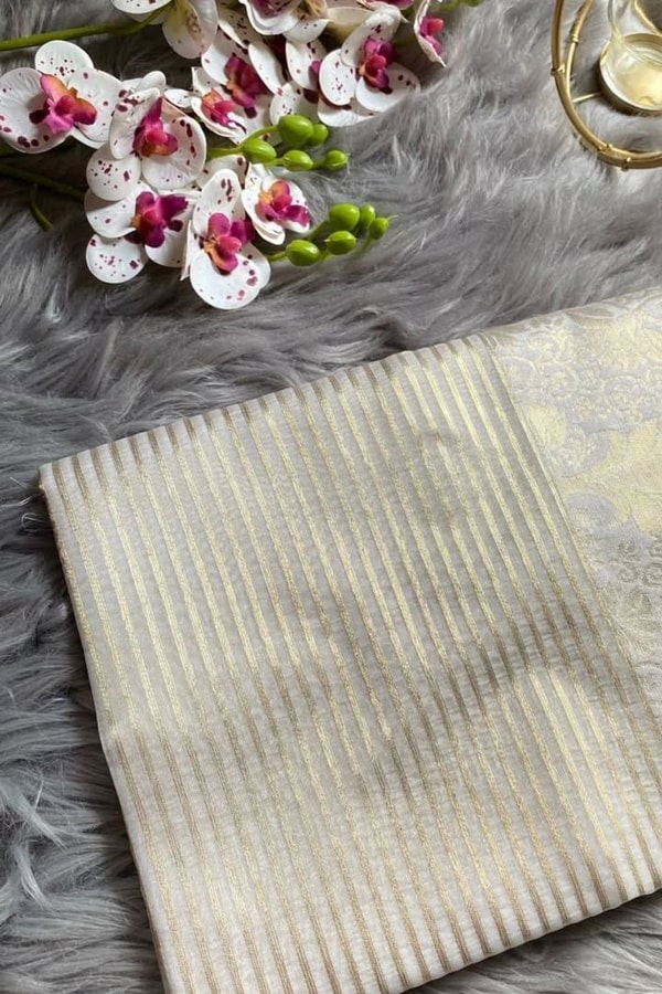 Ivory Tissue-Look Banarasi Soft Silk Saree with All-Over Fine Gold Zari Pinstripes  in Surat
