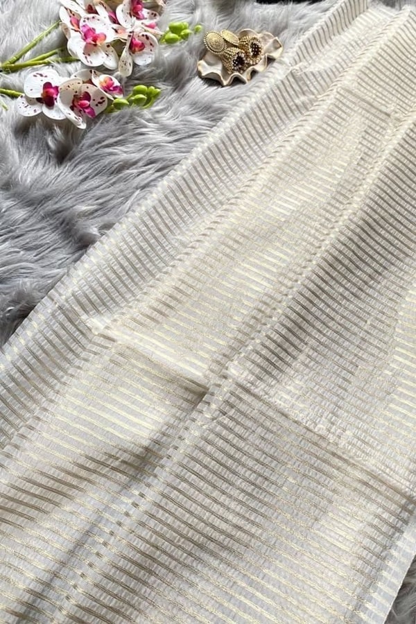 Ivory Tissue-Look Banarasi Soft Silk Saree with All-Over Fine Gold Zari Pinstripes  in Surat