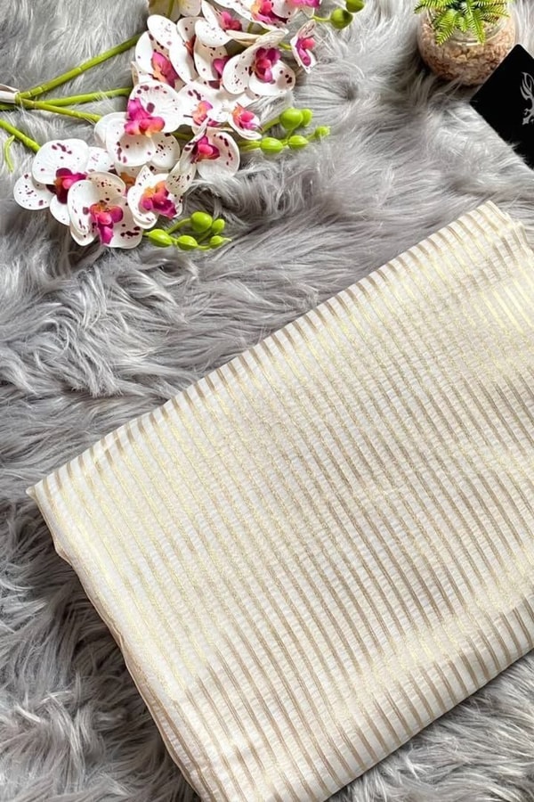 Ivory Tissue-Look Banarasi Soft Silk Saree with All-Over Fine Gold Zari Pinstripes  in Surat