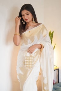 Ivory White Banarasi Soft Silk Saree with Broad Gold Zari Border and Woven Gold Pallu  in Surat