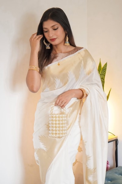 Ivory White Banarasi Soft Silk Saree with Broad Gold Zari Border and Woven Gold Pallu in Surat