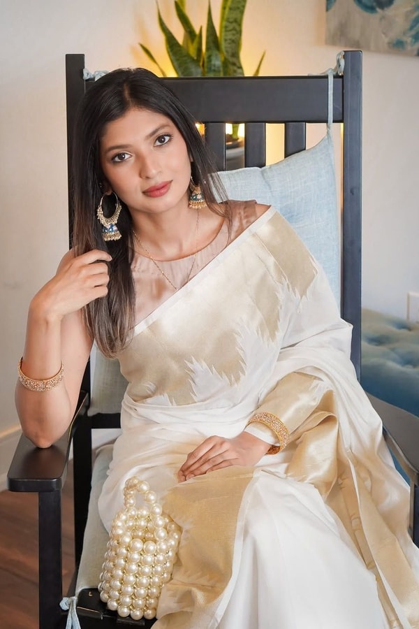 Ivory White Banarasi Soft Silk Saree with Broad Gold Zari Border and Woven Gold Pallu  in Surat