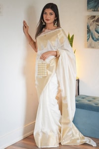 Ivory White Banarasi Soft Silk Saree with Broad Gold Zari Border and Woven Gold Pallu  in Surat