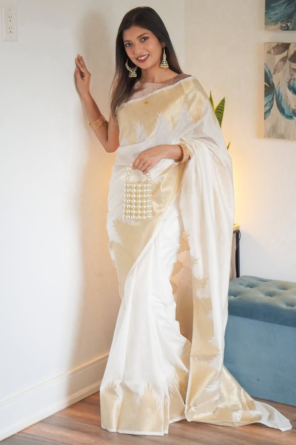 Ivory White Banarasi Soft Silk Saree with Broad Gold Zari Border and Woven Gold Pallu  in Surat