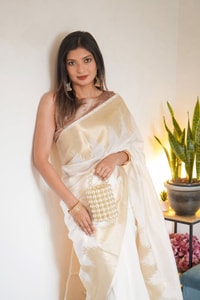 Ivory White Banarasi Soft Silk Saree with Broad Gold Zari Border and Woven Gold Pallu  in Surat
