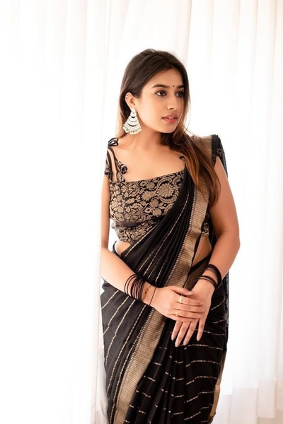 Jet Black Banarasi Soft Silk Saree with Spaced Silver Zari Lines and Shimmering Silver Border in Surat
