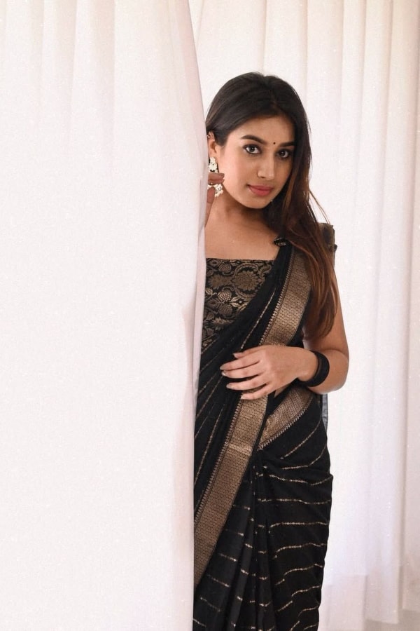 Jet Black Banarasi Soft Silk Saree with Spaced Silver Zari Lines and Shimmering Silver Border  in Surat
