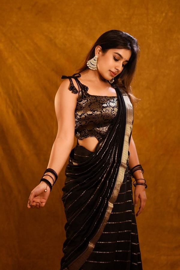Jet Black Banarasi Soft Silk Saree with Spaced Silver Zari Lines and Shimmering Silver Border  in Surat