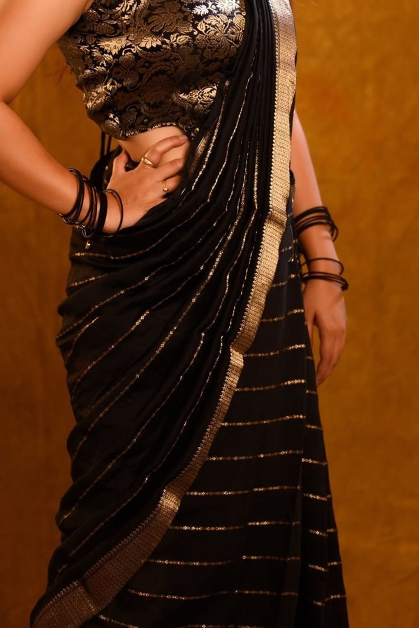 Jet Black Banarasi Soft Silk Saree with Spaced Silver Zari Lines and Shimmering Silver Border  in Surat