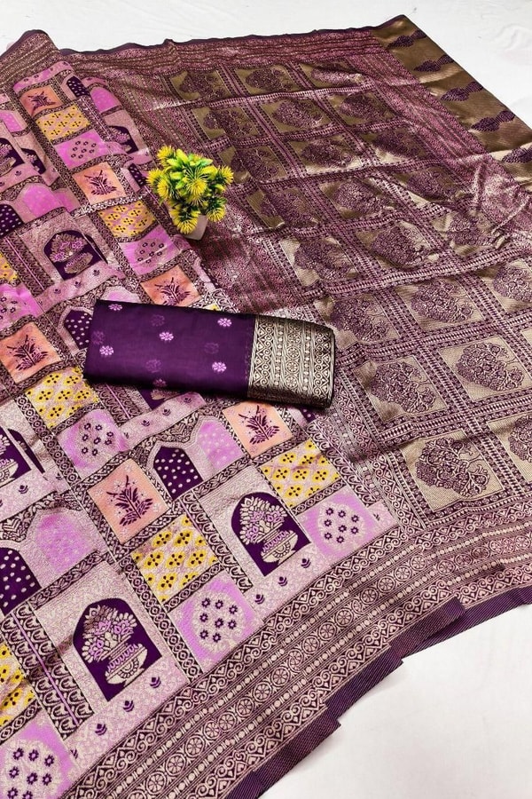 Jharokha Motif Banarasi Soft Silk Saree with Multi-Colour Meenakari Weave in Five Colours  in Surat