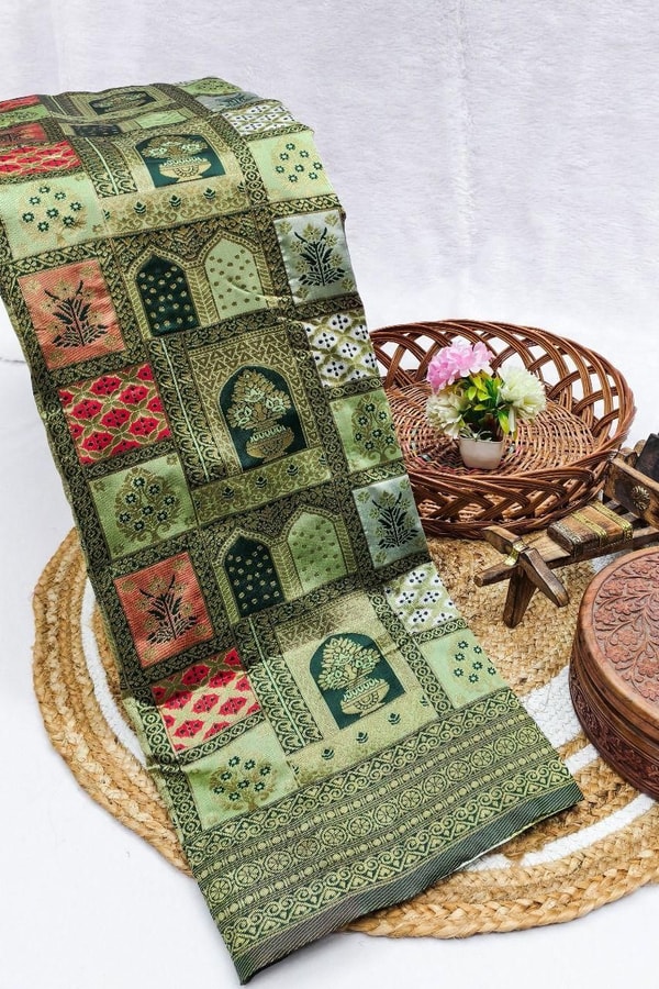 Jharokha Motif Banarasi Soft Silk Saree with Multi-Colour Meenakari Weave in Five Colours  in Surat
