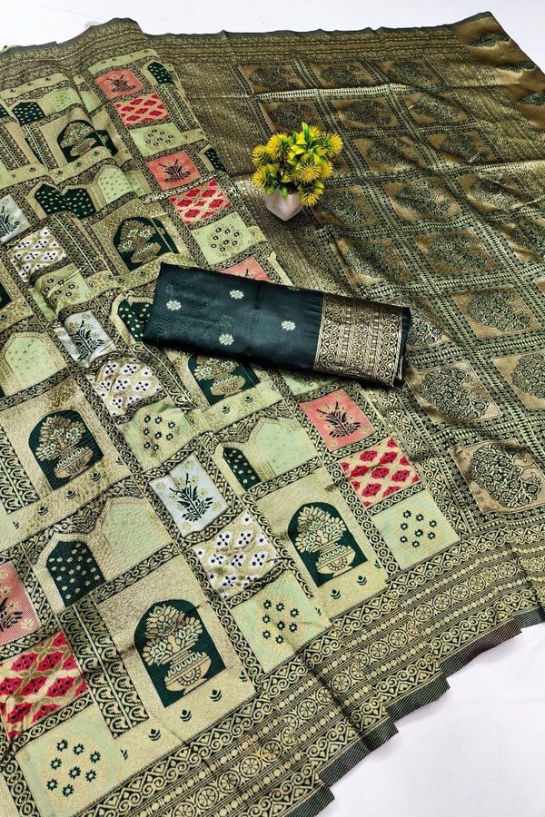 Jharokha Motif Banarasi Soft Silk Saree with Multi-Colour Meenakari Weave in Five Colours  in Surat
