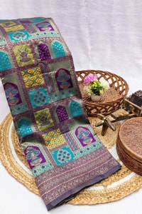 Jharokha Motif Banarasi Soft Silk Saree with Multi-Colour Meenakari Weave in Five Colours  in Surat