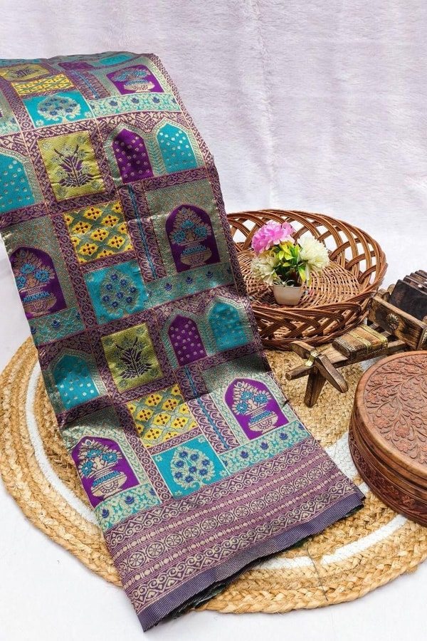 Jharokha Motif Banarasi Soft Silk Saree with Multi-Colour Meenakari Weave in Five Colours  in Surat