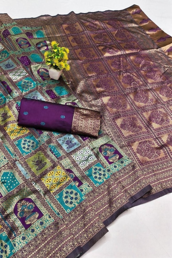 Jharokha Motif Banarasi Soft Silk Saree with Multi-Colour Meenakari Weave in Five Colours  in Surat