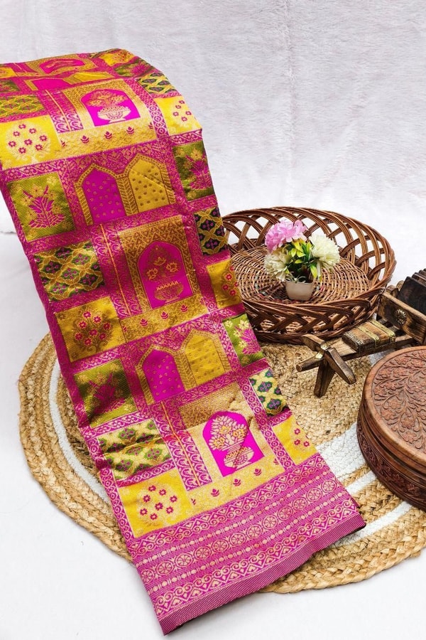 Jharokha Motif Banarasi Soft Silk Saree with Multi-Colour Meenakari Weave in Five Colours  in Surat