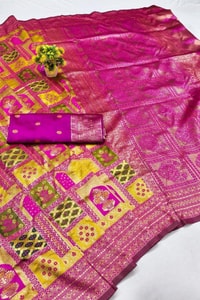 Jharokha Motif Banarasi Soft Silk Saree with Multi-Colour Meenakari Weave in Five Colours  in Surat