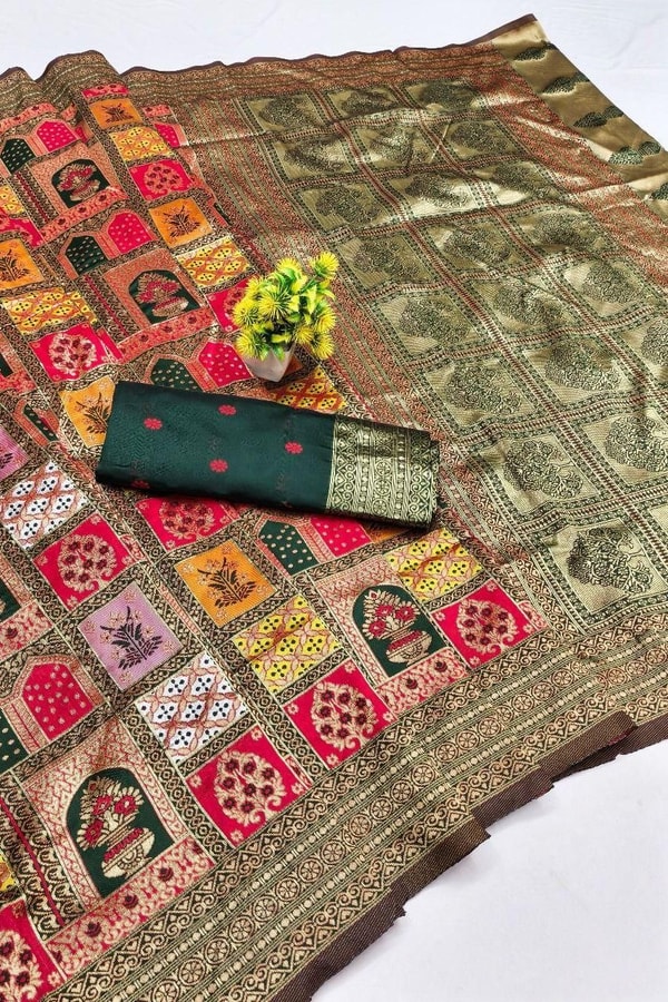 Jharokha Motif Banarasi Soft Silk Saree with Multi-Colour Meenakari Weave in Five Colours  in Surat