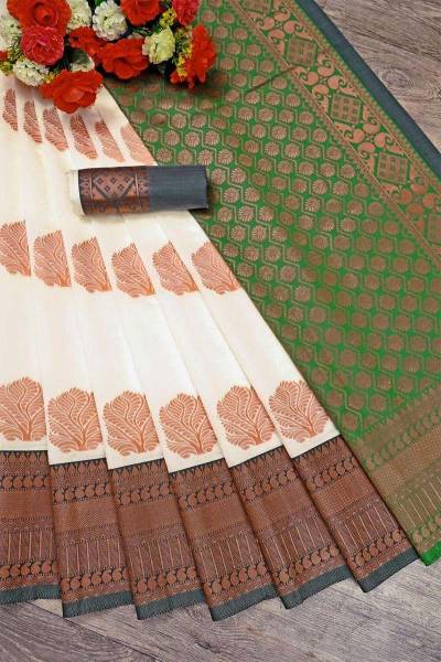 Kanjivaram Soft Silk Saree with Golden Flower Butta and Zari Weaving in Surat