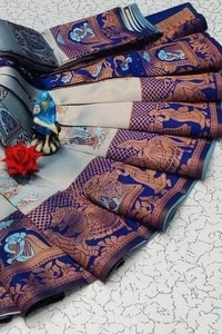 Kanjivaram Style Banarasi Soft Silk Saree with Contrast Figurative Zari Border in Eight Pairings  in Surat