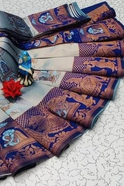 Kanjivaram Style Banarasi Soft Silk Saree with Contrast Figurative Zari Border in Eight Pairings in Surat