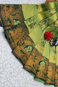 Kanjivaram Style Banarasi Soft Silk Saree with Contrast Figurative Zari Border in Eight Pairings  in Surat