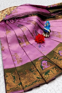 Kanjivaram Style Banarasi Soft Silk Saree with Contrast Figurative Zari Border in Eight Pairings  in Surat