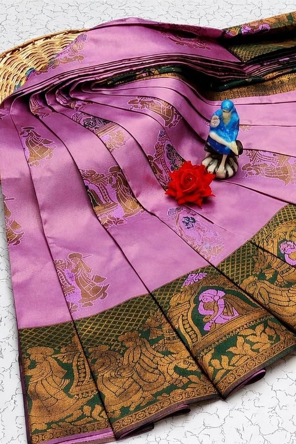 Kanjivaram Style Banarasi Soft Silk Saree with Contrast Figurative Zari Border in Eight Pairings  in Surat