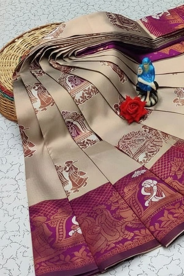 Kanjivaram Style Banarasi Soft Silk Saree with Contrast Figurative Zari Border in Eight Pairings  in Surat