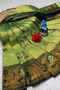 Kanjivaram Style Banarasi Soft Silk Saree with Contrast Figurative Zari Border in Eight Pairings  in Surat
