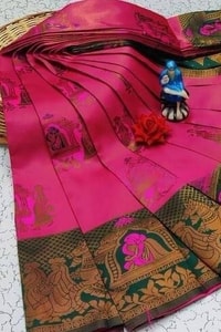 Kanjivaram Style Banarasi Soft Silk Saree with Contrast Figurative Zari Border in Eight Pairings  in Surat