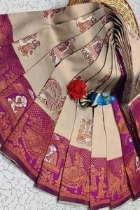Kanjivaram Style Banarasi Soft Silk Saree with Contrast Figurative Zari Border in Eight Pairings  in Surat