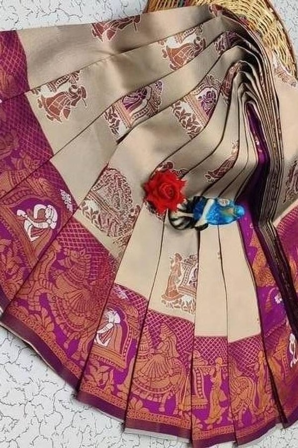 Kanjivaram Style Banarasi Soft Silk Saree with Contrast Figurative Zari Border in Eight Pairings  in Surat