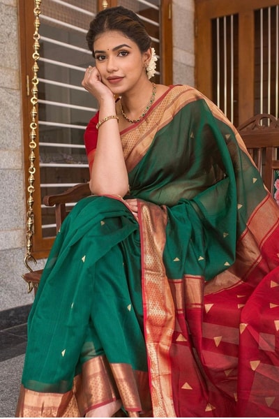 Kanjivaram Style Banarasi Soft Silk Saree with Double Contrast Zari Border and Rich Pallu in Surat