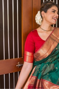 Kanjivaram Style Banarasi Soft Silk Saree with Double Contrast Zari Border and Rich Pallu  in Surat