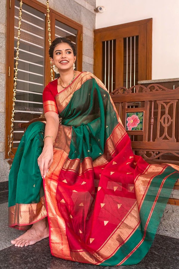 Kanjivaram Style Banarasi Soft Silk Saree with Double Contrast Zari Border and Rich Pallu  in Surat