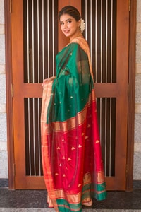 Kanjivaram Style Banarasi Soft Silk Saree with Double Contrast Zari Border and Rich Pallu  in Surat