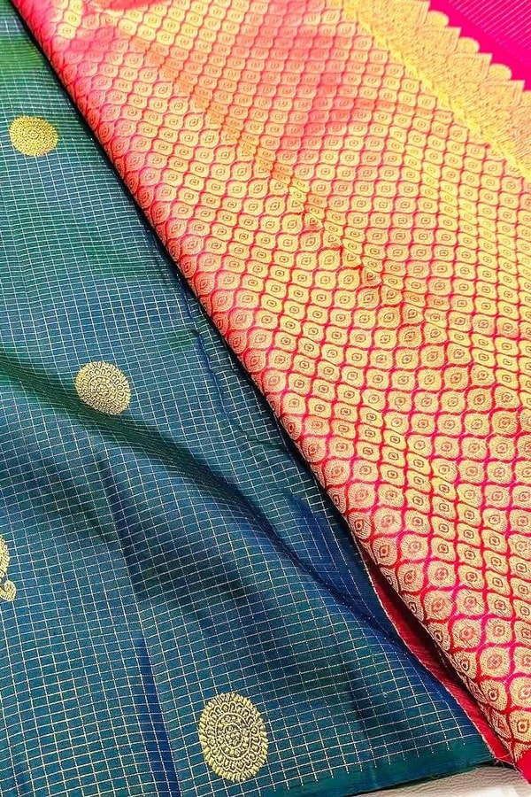Kanjivaram-Style Banarasi Soft Silk Saree with Gold Zari Coin Buttas in Six Contrast Colourways  in Surat