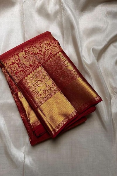 Kanjivaram-Style Maroon Red Banarasi Soft Silk Saree with Gold Zari Brocade and Grand Border in Surat