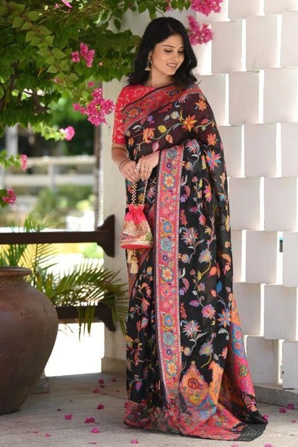 Kashmiri Weave Banarasi Soft Silk Saree with Pure Zari Border in Rich Shades  in Surat