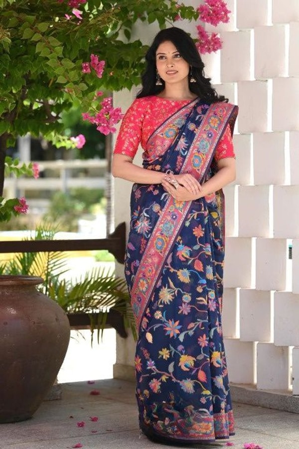 Kashmiri Weave Banarasi Soft Silk Saree with Pure Zari Border in Rich Shades  in Surat