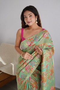 Kashmiri Weaving Banarasi Soft Silk Saree with Dense Floral Jaal in Cream, Navy and Pista  in Surat