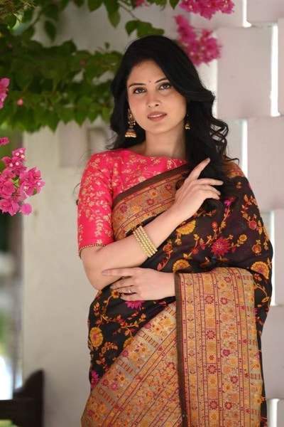 Kashmiri Weaving Banarasi Soft Silk Saree with Heavy Zari Pallu in Deep Shades in Surat