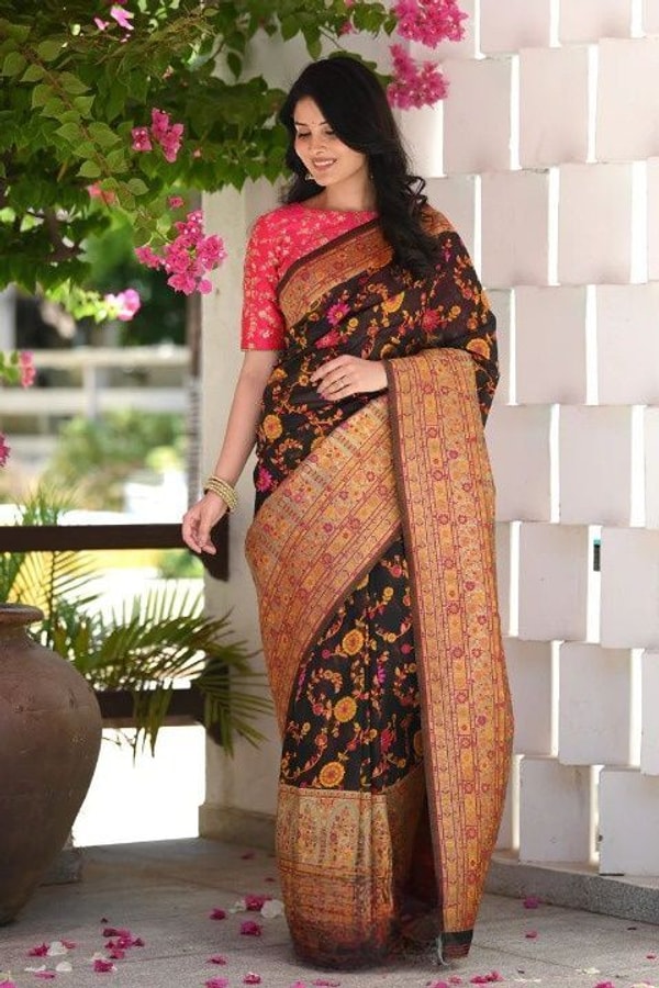 Kashmiri Weaving Banarasi Soft Silk Saree with Heavy Zari Pallu in Deep Shades  in Surat