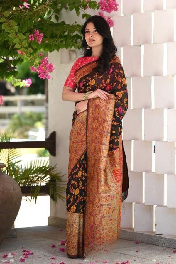 Kashmiri Weaving Banarasi Soft Silk Saree with Heavy Zari Pallu in Deep Shades  in Surat