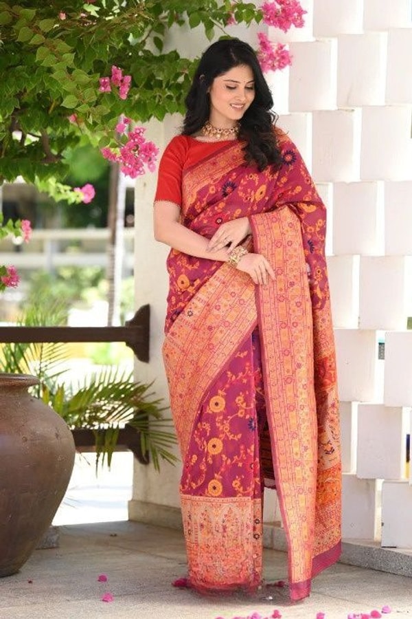 Kashmiri Weaving Banarasi Soft Silk Saree with Heavy Zari Pallu in Deep Shades  in Surat