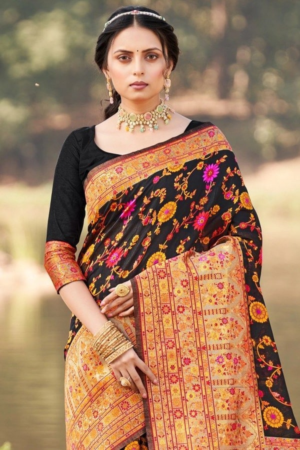 Kashmiri Weaving Banarasi Soft Silk Saree with Heavy Zari Pallu in Deep Shades  in Surat