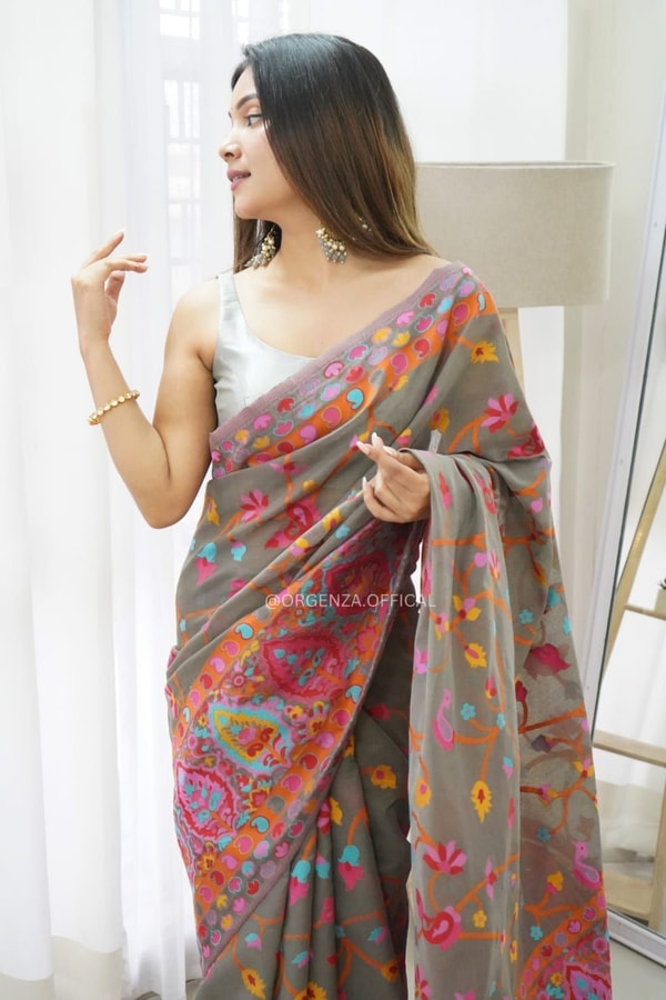 Kashmiri Weaving Banarasi Soft Silk Saree with Multi-Colour Thread and Pure Zari Work  in Surat