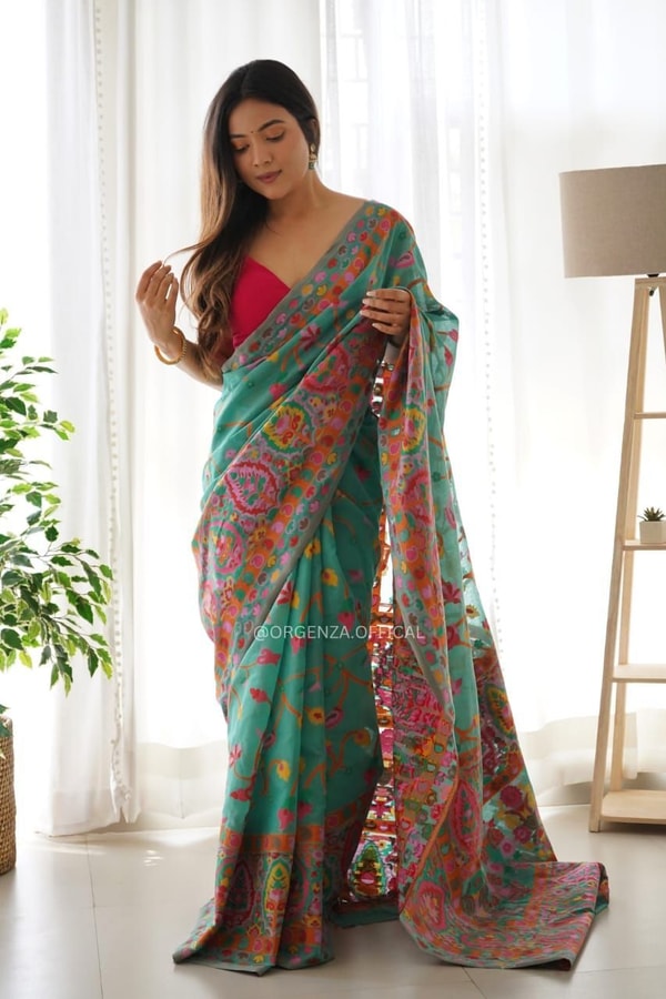 Kashmiri Weaving Banarasi Soft Silk Saree with Multi-Colour Thread and Pure Zari Work  in Surat