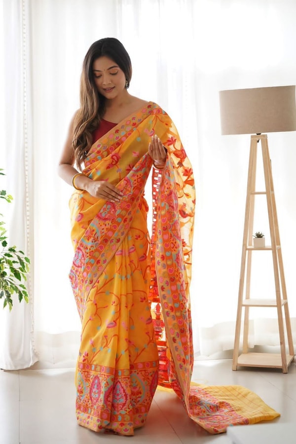 Kashmiri Weaving Banarasi Soft Silk Saree with Multi-Colour Thread and Pure Zari Work  in Surat
